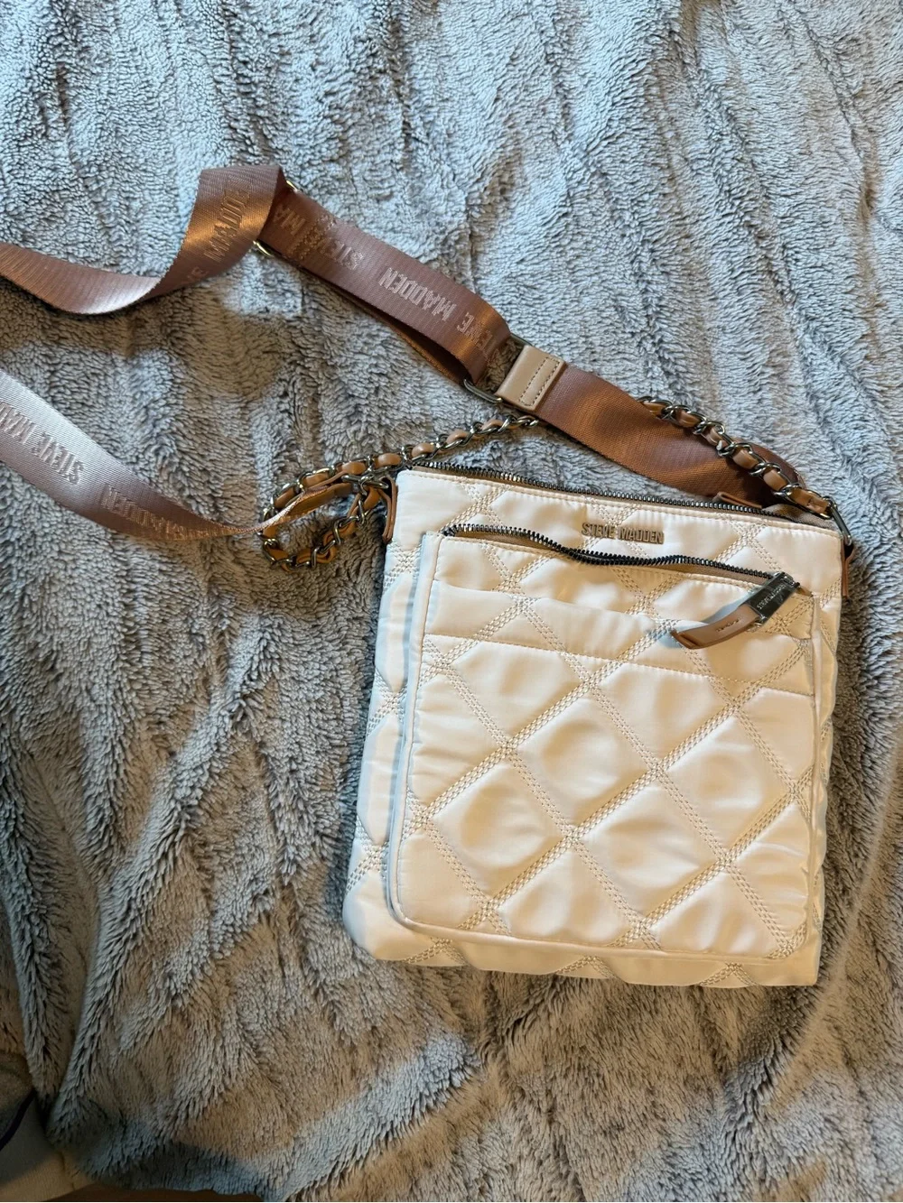 Steve Madden Quilted Cream Crossbody with extra Chain accent
